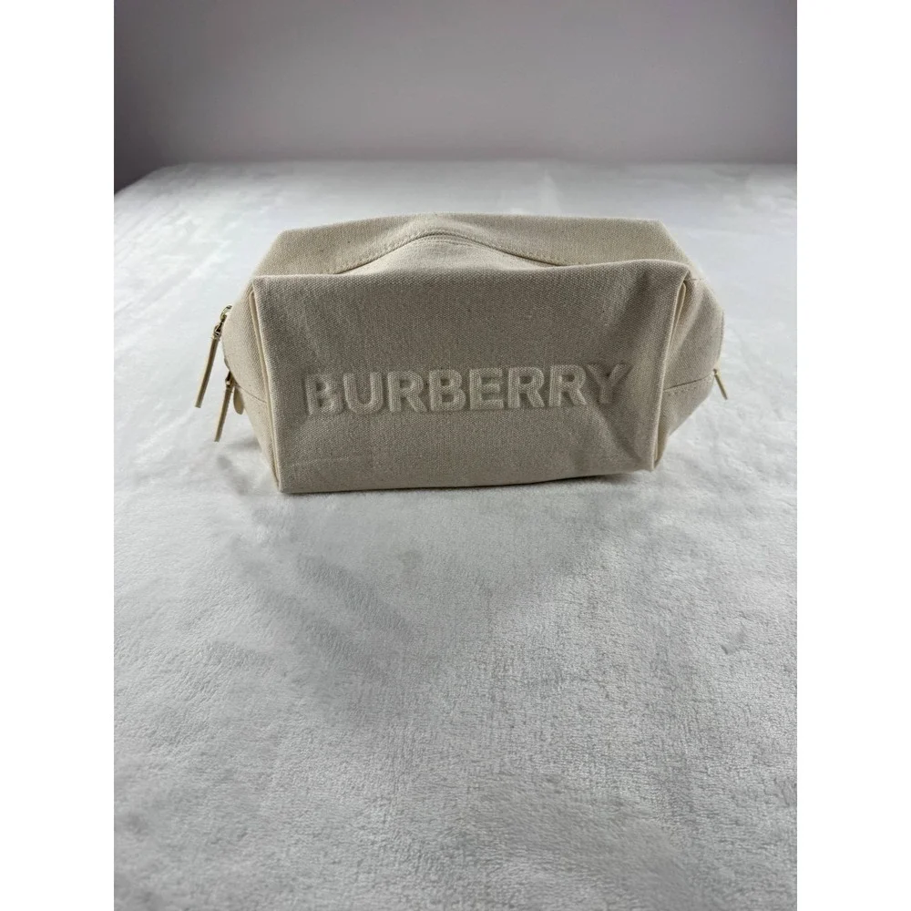 Burberry‎ Cosmetic Toiletry Pouch Ivory Embossed Logo Canvas Zipper Clutch Bag